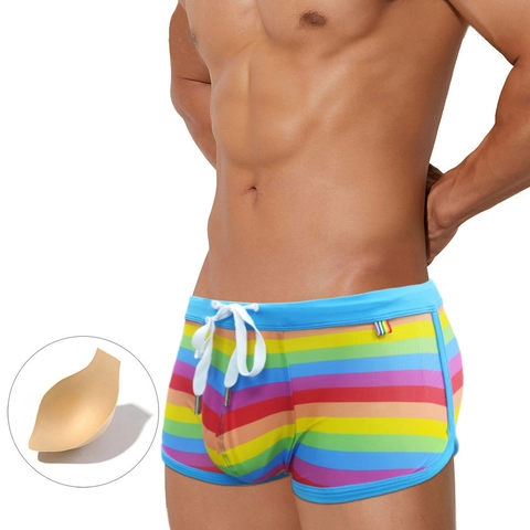Herren Regenbogen Gestreifte Badehose Sexy Low Waist Schwimmboxershorts Mit Abnehmbarem Cup Padding Schnelltrocknende Strand Sport Shorts