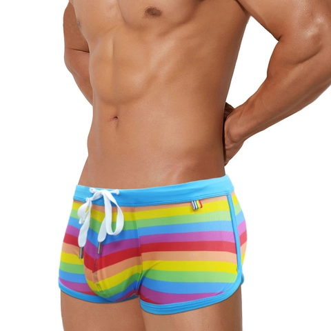 Herren Regenbogen Gestreifte Badehose Schnelltrocknende Strandshorts Mit Kordelzug Verstellbare Elastische Taille Bademode Für Männer