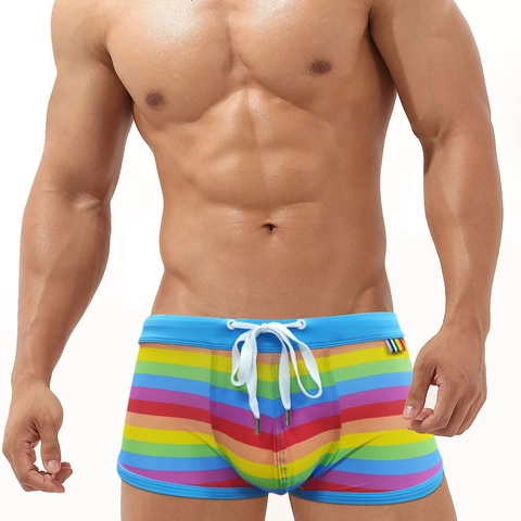 Herren Regenbogen Gestreifte Badehose Sexy Low Waist Schwimmboxershorts Mit Abnehmbarem Cup Padding Schnelltrocknende Strand Sport Shorts