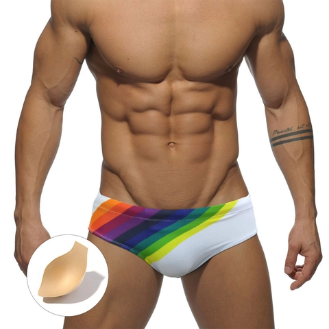 Bañador Bikini Sexy para Hombre con Rayas de Arcoíris Cintura Baja Poliéster Transpirable Slip de Natación Con Almohadilla