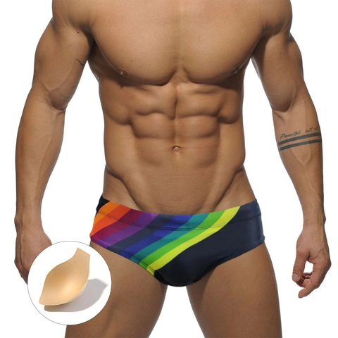 Bañador Bikini Sexy para Hombre con Rayas de Arcoíris Cintura Baja Poliéster Transpirable Slip de Natación Con Almohadilla