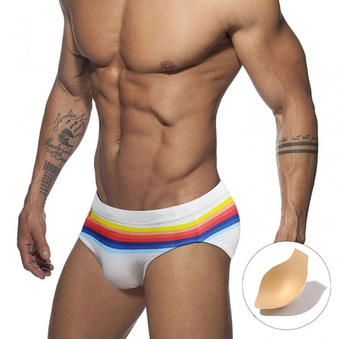 Costume da Bagno Triangolo Uomo Sexy Vita Bassa Strisce Arcobaleno Slip da Nuoto Imbottitura Removibile Elasticizzato Mare