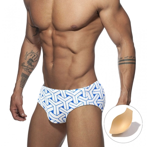 Herren Badehose 3D Geometrischer Druck Niedrige Taille Schwimmanzug Mit Herausnehmbarem Cup Schnell Trocknende Strandhose