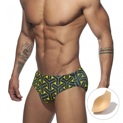 Herren Badehose 3D Geometrischer Druck Niedrige Taille Schwimmanzug Mit Herausnehmbarem Cup Schnell Trocknende Strandhose