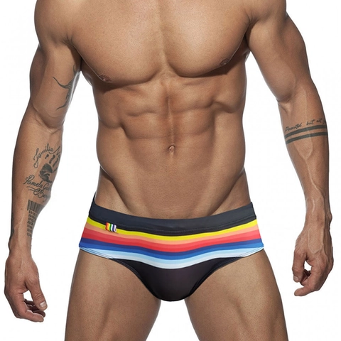 Slip de Bain Homme Sexy Rayures Arc-en-Ciel Taille Basse Élastique Séchage Rapide Maillot de Bain Mode Bikini Plage Sport