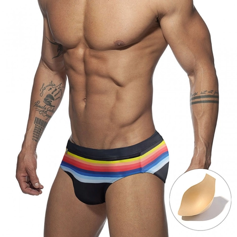 Costume da Bagno Triangolo Uomo Sexy Vita Bassa Strisce Arcobaleno Slip da Nuoto Imbottitura Removibile Elasticizzato Mare