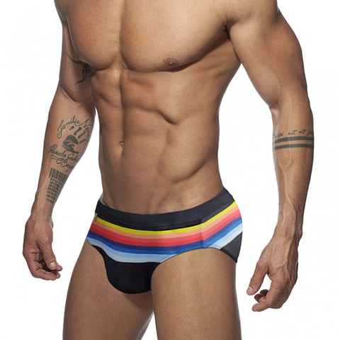Slip de Bain Homme Sexy Rayures Arc-en-Ciel Taille Basse Élastique Séchage Rapide Maillot de Bain Mode Bikini Plage Sport
