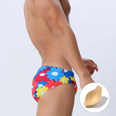Men Tropical Floral Print Swim Briefs With Removable Padded Cup Elastic Quick Dry Beach Bathing Suits Swimming Trunks