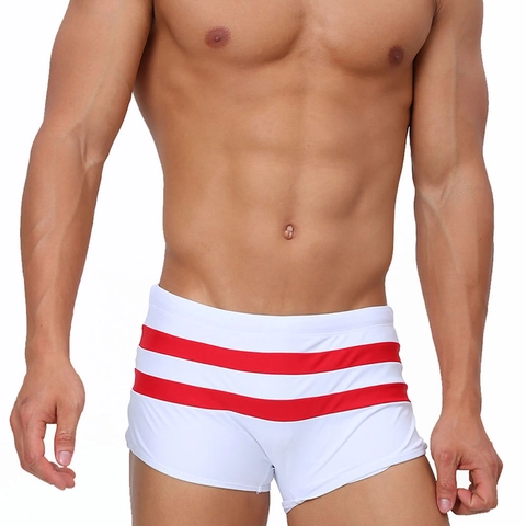 Men Swim Trunks Quick Dry Striped Splice Boxer Swimwear With Back Zipper Pocket Sporty Bathing Suit For Fitness Beach Swimming