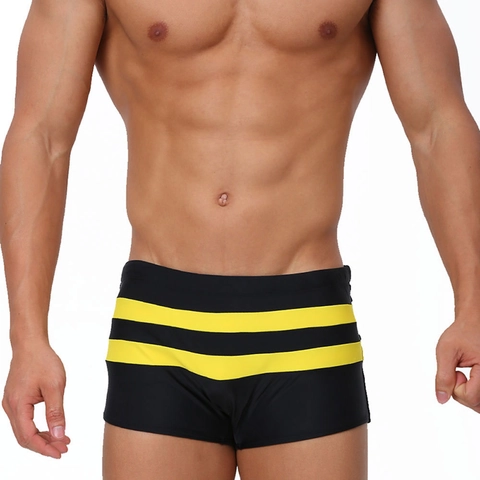 Men Swim Trunks Quick Dry Striped Splice Boxer Swimwear With Back Zipper Pocket Sporty Bathing Suit For Fitness Beach Swimming