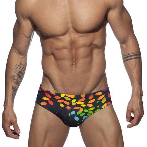 Men's Sexy Low Waist Swim Briefs Rainbow Leaf Print Sporty Quick Dry Polyester Spandex Swimwear For Beach Swimming Pool