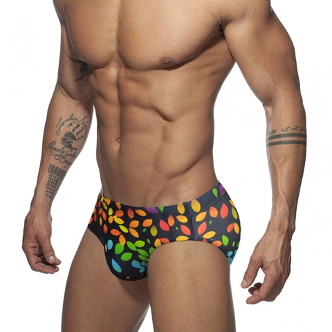 Men's Sexy Low Waist Swim Briefs Rainbow Leaf Print Sporty Quick Dry Polyester Spandex Swimwear For Beach Swimming Pool