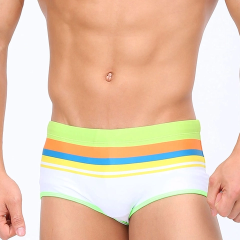 Men Low Waist Swimming Trunks Sexy Square Cut Quick Dry Swim Shorts Striped Print Contrast Binding Athletic Beachwear