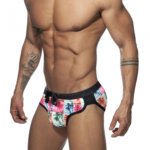 Maillot de Bain Homme Taille Basse Imprimé Cocotier Tropical Cordon de Serrage Respirant Maillage Bikini Plage Piscine