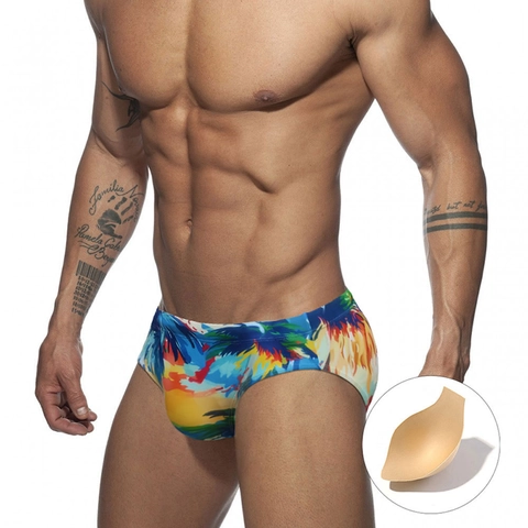 Heren Tropische Zonsondergang Palmboom Print Zwemslip Sneldrogend Stretch Polyester Elastaan Lage Taille Zwemkleding Met Padding