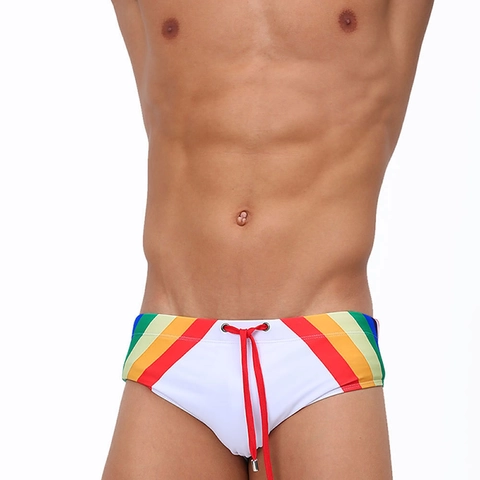 Herren Sexy Regenbogen Gestreifte Schwimmbriefs Niedrige Taille Schnelltrocknend Elastisch Strand Badehose Mit Kordelzug Herren Bademode