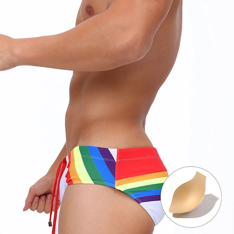Herren Low Waist Regenbogen Streifen Badehose Schnelltrocknend Elastisch Kordelzug Herausnehmbare Pads Sexy Bademode Strand