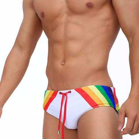 Herren Sexy Regenbogen Gestreifte Schwimmbriefs Niedrige Taille Schnelltrocknend Elastisch Strand Badehose Mit Kordelzug Herren Bademode