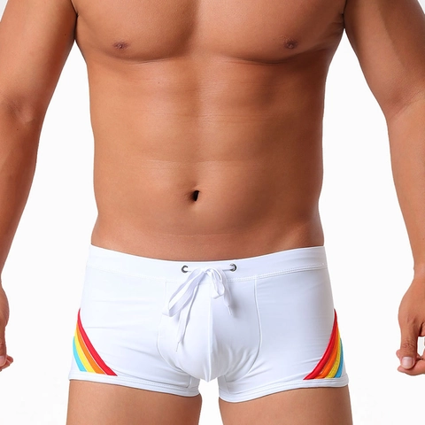 Maillot de Bain Sportif pour Hommes Avec Design Sexy Taille Basse Et Rayures Arc-en-Ciel Short de Bain Boxer Élastique en Nylon à Séchage Rapide pour Vacances à la Plage Et à la Piscine