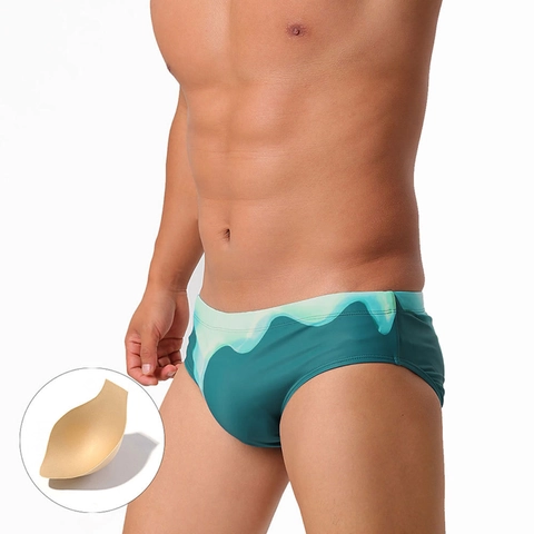 Mens Sexy Melting Print Swim Briefs With Removable Pad Elastic Quick Dry Gradient Contrast Color Beach Swimming Trunks