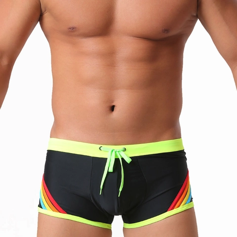 Maillot de Bain Sportif pour Hommes Avec Design Sexy Taille Basse Et Rayures Arc-en-Ciel Short de Bain Boxer Élastique en Nylon à Séchage Rapide pour Vacances à la Plage Et à la Piscine