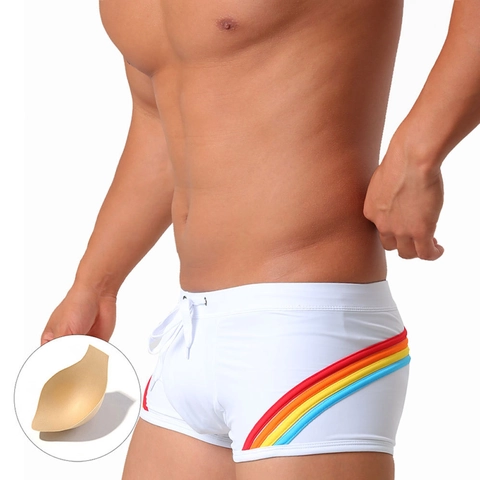 Herren Sportliche Nylon Regenbogenstreifen Badehose Mit Herausnehmbaren Polstern Schnelltrocknend Boxershorts Strand Bademode Erwachsene