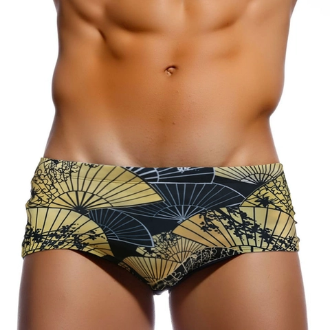 Men Japanese Style Fan Print Swim Trunks Vintage Quick Dry Elastic Polyester Spandex Boxer Briefs For Swimming Beach Vacation