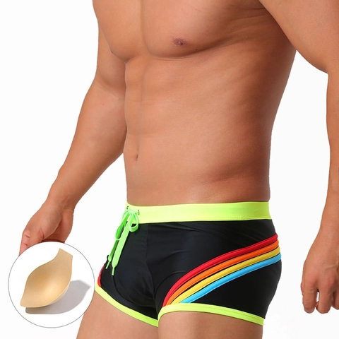 Herren Sportliche Nylon Regenbogenstreifen Badehose Mit Herausnehmbaren Polstern Schnelltrocknend Boxershorts Strand Bademode Erwachsene