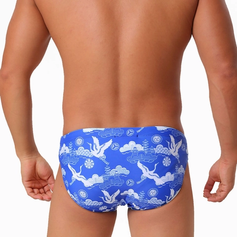 Men Oriental Flying Crane Print Swim Briefs Polyester Spandex Quick Dry Traditional Clouds Pattern Beach Swimming Trunks