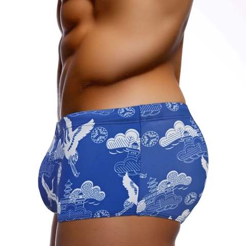 Men Oriental Crane Print Swim Trunks Retro Cloud Pattern Quick Dry Elastic Beach Shorts Polyester Spandex Swimwear