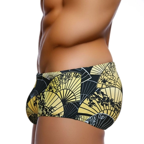 Men Japanese Style Fan Print Swim Trunks Vintage Quick Dry Elastic Polyester Spandex Boxer Briefs For Swimming Beach Vacation