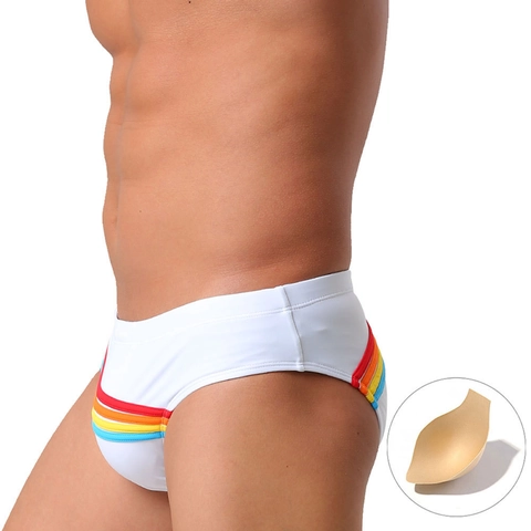 Herren Low Rise Sexy Badeslip Regenbogenstreifen Herausnehmbares Polster Nylon Elasthan Schnelltrocknend Bikini Bademode Strand