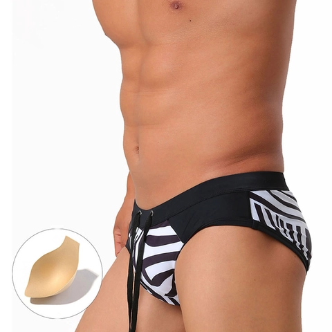 Herren Sexy Badehose Zebra Geometrischer Druck Niedrige Taille Bademode Mit Herausnehmbarem Cup Kordelzug Strand Badeshorts