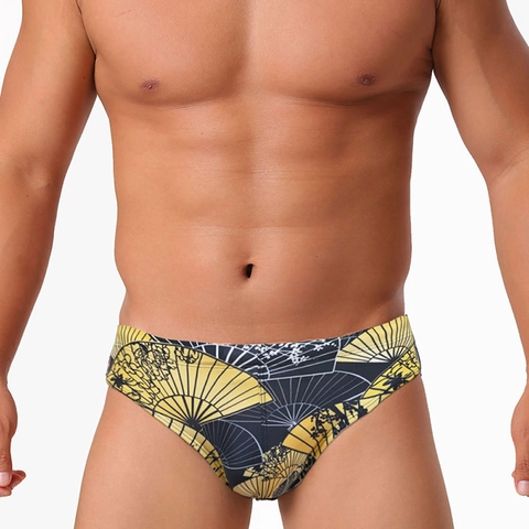 Herren Schnelltrocknend Badehose Niedrige Taille Japanischer Faltfächer Druck Schwimmhose Elastisch Strandmode Herren