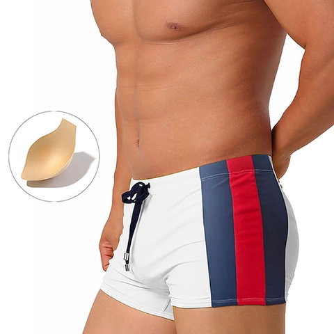 Maillot de Bain Boxer pour Hommes à Rayures Latérales Contrastées Rembourrage Amovible Nylon Haute Élasticité Séchage Rapide