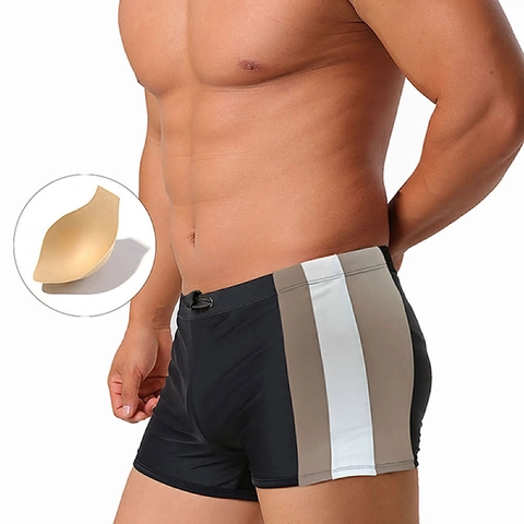 Maillot de Bain Boxer pour Hommes à Rayures Latérales Contrastées Rembourrage Amovible Nylon Haute Élasticité Séchage Rapide