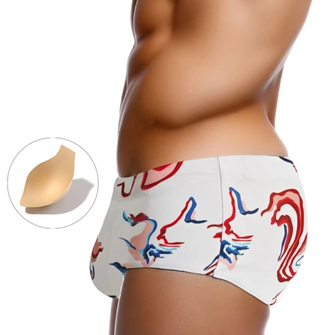 Men Sexy Abstract Print Swim Trunks With Removable Padded Cup Quick Dry Polyester Spandex Square Leg Swimwear For Beach Swimming