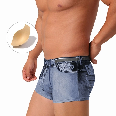 Lustige 3D Denim Druck Badehose Für Herren Abnehmbares Schwamm Pad Schnell Trocknend Stretch Boxer Briefs Geld Muster Strandmode