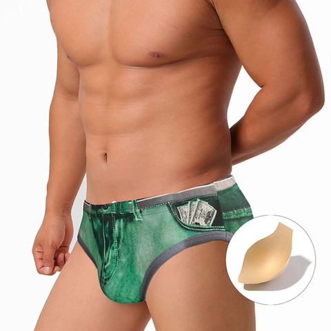 Slip de Bain Sexy pour Homme Impression Denim avec Coussinet Amovible Taille Basse Maillot de Bain de Plage Trunks Élastiques Séchage Rapide