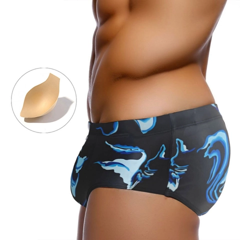 Men Sexy Abstract Print Swim Trunks With Removable Padded Cup Quick Dry Polyester Spandex Square Leg Swimwear For Beach Swimming