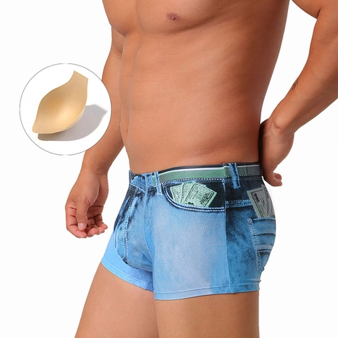 Lustige 3D Denim Druck Badehose Für Herren Abnehmbares Schwamm Pad Schnell Trocknend Stretch Boxer Briefs Geld Muster Strandmode