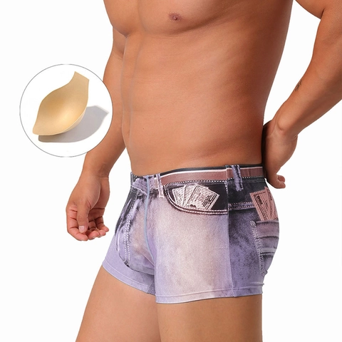 Grappige 3D Denim Print Zwembroek Voor Heren Afneembare Spons Pad Sneldrogend Stretch Boxer Briefs Geld Patroon Strandkleding