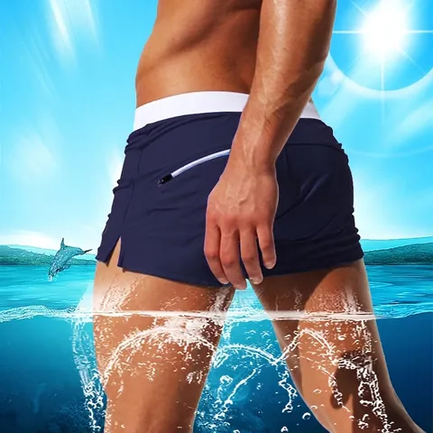 Maillot de Bain Homme Taille Basse Séchage Rapide Nylon Élastique Cordon de Serrage Avec Poche Arrière Couleur Contrastée