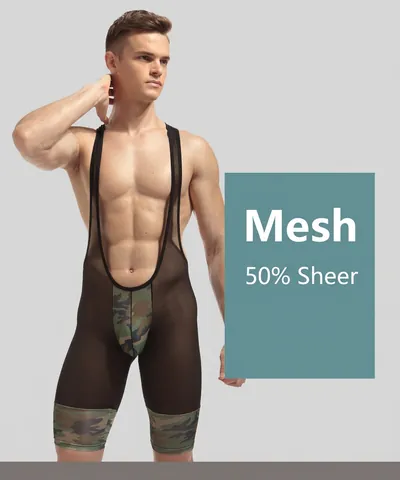 Herren Sexy Transparentes Netzgewebe Bodysuit Camouflage Patchwork Singlet Tiefer U-Ausschnitt Ärmelloser Jumpsuit Unterwäsche Nachtclub Party