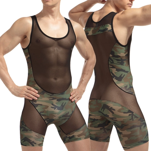 Body Sexy de Camuflaje para Hombre Patchwork de Malla Corte Ajustado Sin Mangas Leotardo Ropa Interior Moldeadora Bolsa U-Convexa Mono