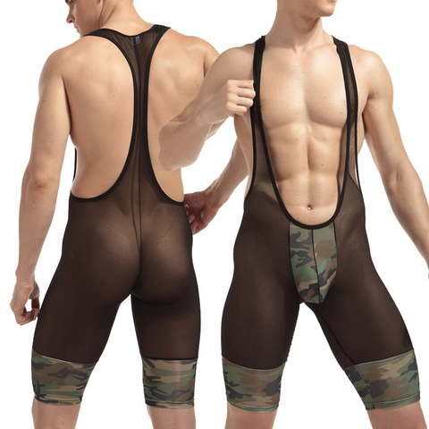 Herren Sexy Transparentes Netzgewebe Bodysuit Camouflage Patchwork Singlet Tiefer U-Ausschnitt Ärmelloser Jumpsuit Unterwäsche Nachtclub Party