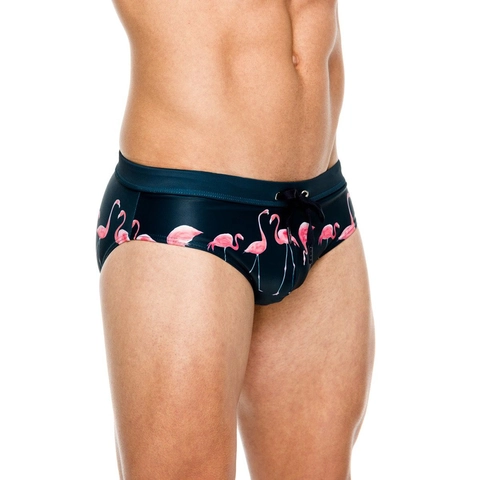 Herren Badeslips Schnelltrocknend Nylon Flamingo Druck Badehose Kordelzug Strand Urlaub Surf Tropische Slips Badebekleidung