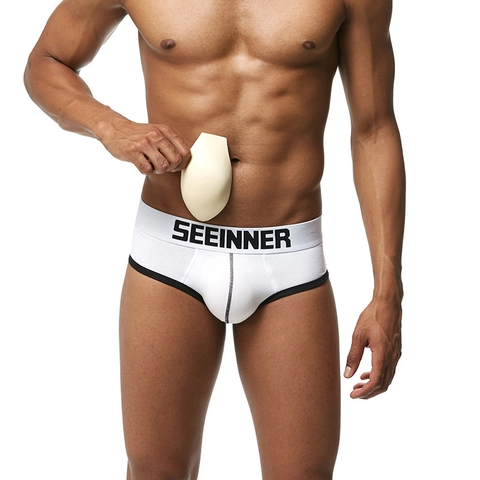 Herren Baumwolle Slip Mit Abnehmbaren Po-Lifting Pads Und 3D U-Konvex Cup Push Up Hip Enhancing Unterwäsche Kontrastpaspel