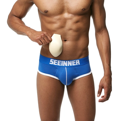 Herren Baumwolle Slip Mit Abnehmbaren Po-Lifting Pads Und 3D U-Konvex Cup Push Up Hip Enhancing Unterwäsche Kontrastpaspel
