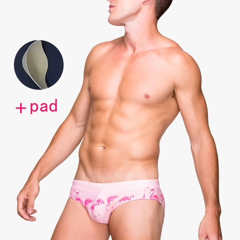 Men Trendy Flamingo Print Swim Briefs With Removable Pad Low Waist Sexy Beach Swimwear Tropical Quick Dry Bathing Suit